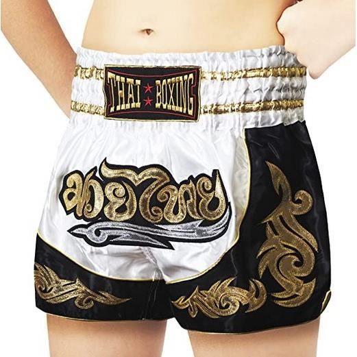 Short Enfant - THAI Boxe Kickboxing - Couleur Blanche - Taille 12-14 ans - 100% Satin Polyester