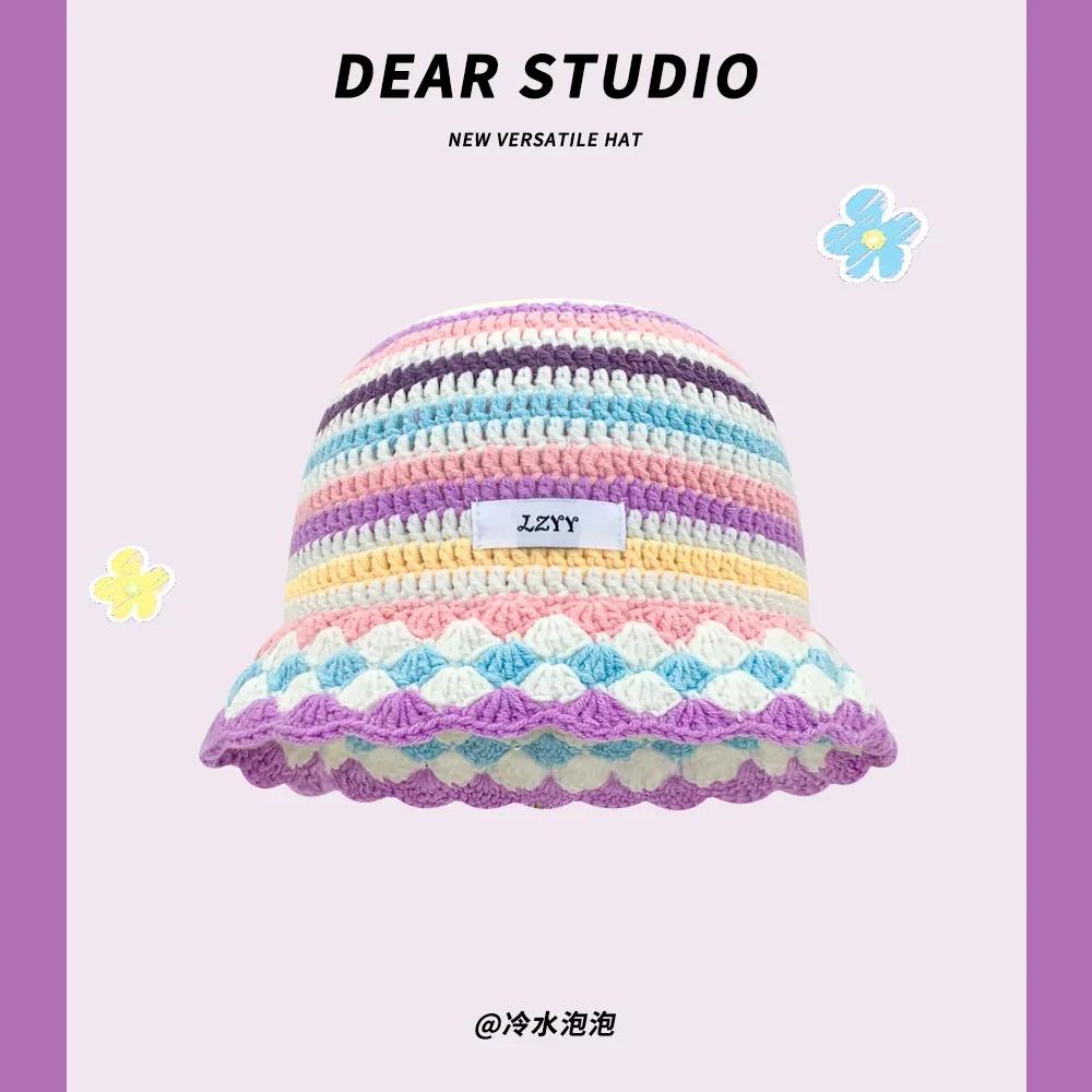 Fashion Dopamine Color Matching Striped Knitted Women's Cap Autumn and Winter Warm Casual Versatile Show Face Small Bucket Hat