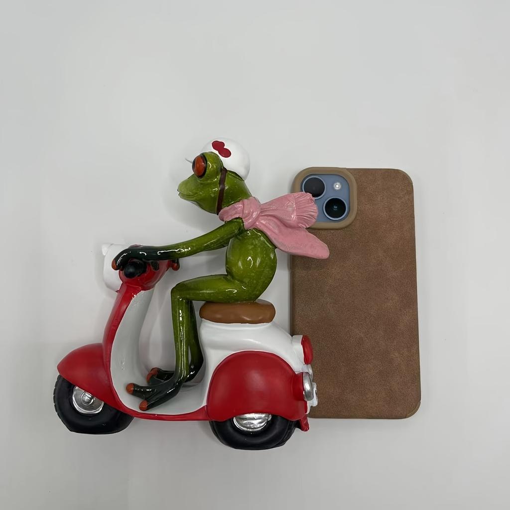 1pc Funny Motorcycle Frog Decor , Riding Red Scooter-like Motorcycle, with Helmet, Green Frog Decoration for Home, Office, Party