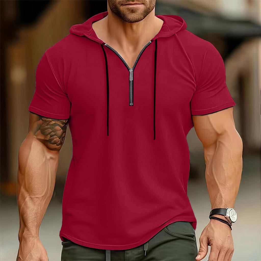 Summer Men's Hooded, Zipped Short-sleeved T-shirt