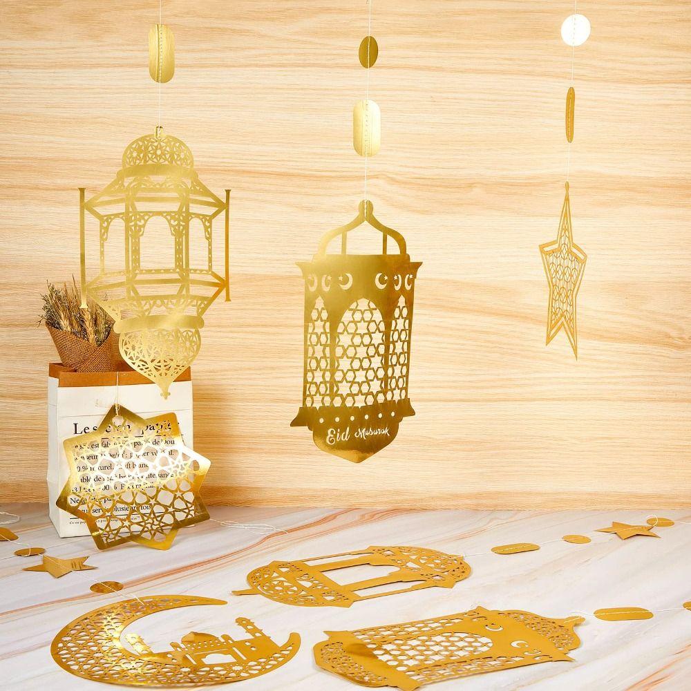 8Pcs Paper Garland Hanging Banner Pendant Star Moon Design Eid Mubarak Banner Home Decor