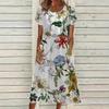 Summer New Plus Size Women Printed Dress Round Neck Vintage Print Floral Loose Dress Women Elegant Fashion Vacation Slim Long Dress with Pockets 26376