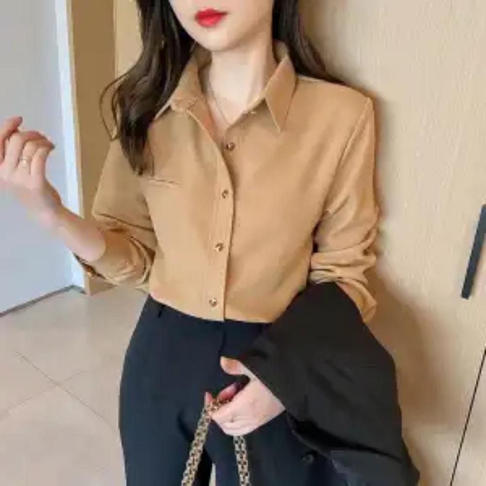Fashion Solid Color Casual Single-breasted Blouse Women New Long Sleeve Occupation Polo Collar Korean Office All-match Shirt