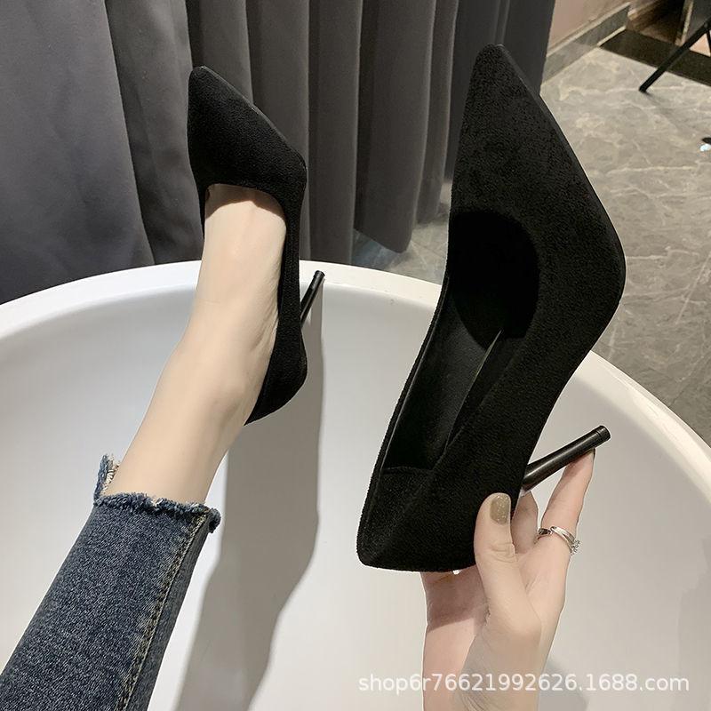 High Heels Women's Spring and Autumn New Black Thin Heels Pointed Light Mouth Suede Professional Shoes Etiquette Shoes