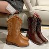 Fashion New Winter Vintage Brown Women Boots Cowboy Boots Women Embroidered Square Toe Brown Long Boots Chunky Mid Calf Women Shoes