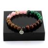 Stones and Minerals. Pink Opal + Red Tiger Eye + Malachite + Wood Bead Bracelet 8 Made In France.