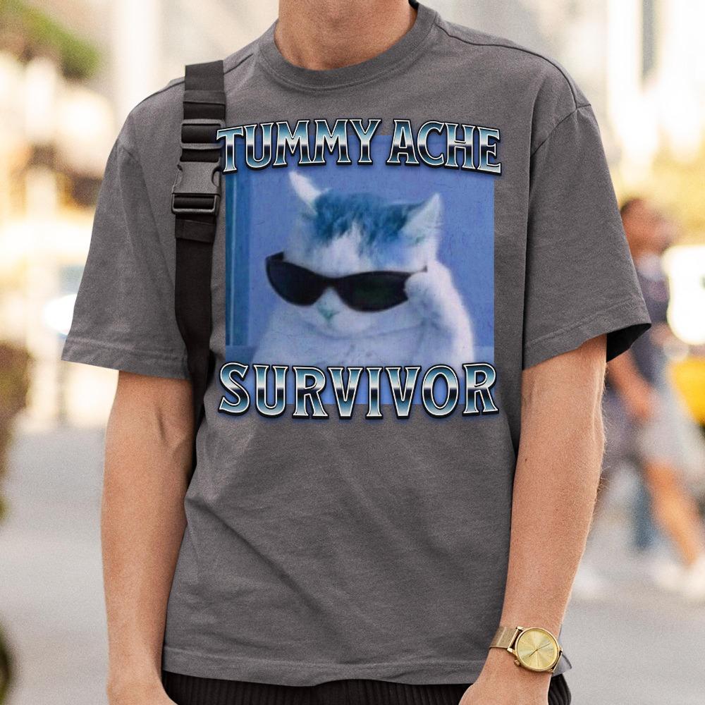Tummy Ache Survivor Funny Cat Meme Tshirt Gift for Woman Goofy Ahh Cats Tee Shirt Trendy Summer Clothes Ironic Tshirt