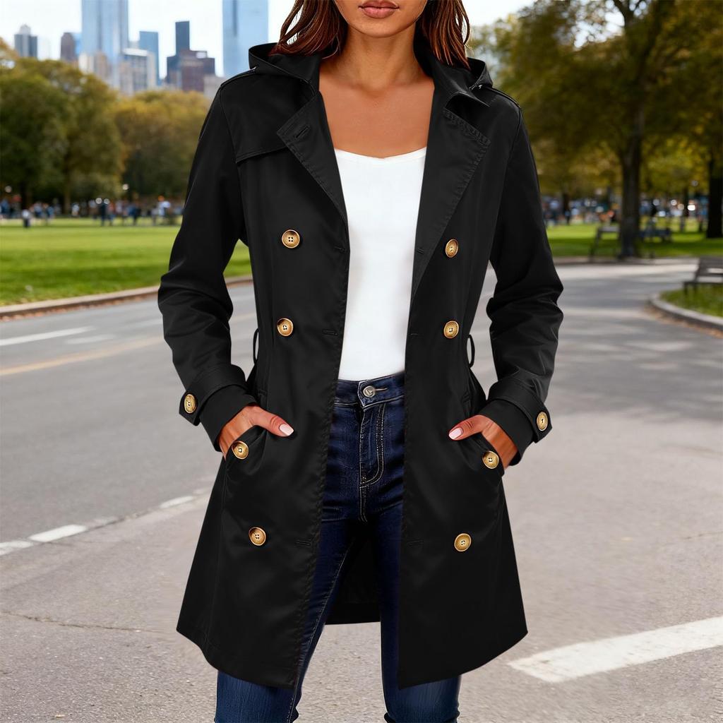 Women's Fashion Solid Color Collar Long Sleeve Double Breasted Windbreaker With Belt Coat