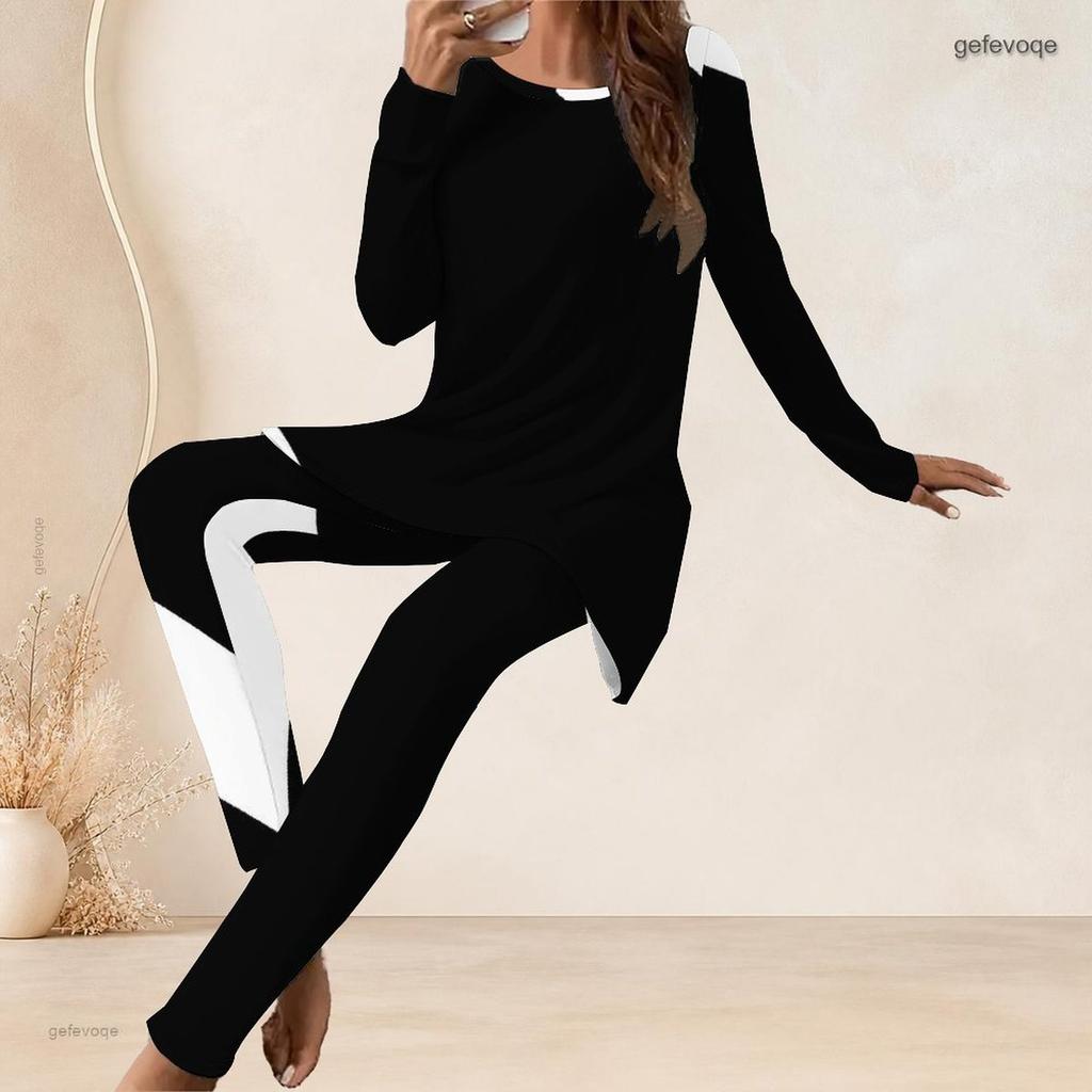 Women Plus Size Two Piece Set Round Neck Long Sleeve Black White Geometric Printed Longline Top Fitted Pants