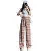 Pink Plaid Wide-Leg Pants for Petite Pear-Shaped Women - Slim Fit, Loose Straight-Leg, Floor-Length for Spring/Autumn