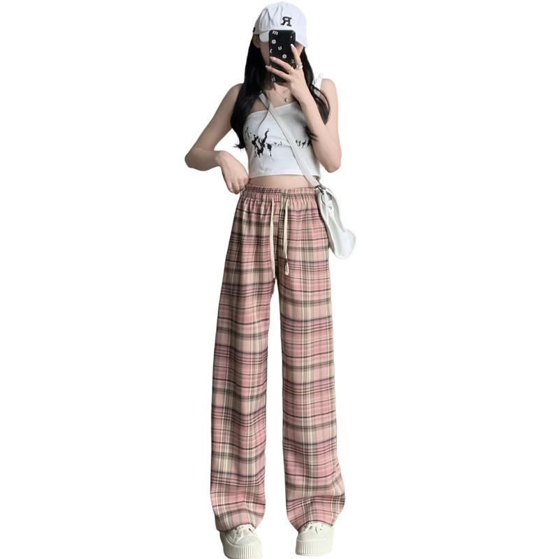 Pink Plaid Wide-Leg Pants for Petite Pear-Shaped Women - Slim Fit, Loose Straight-Leg, Floor-Length for Spring/Autumn