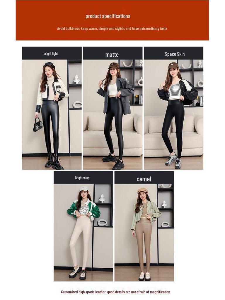 Женские кожаные брюки с высокой талией и подкладкой из флиса из овечьей шерсти: Утягивающие, Ветрозащитные, Теплые леггинсы