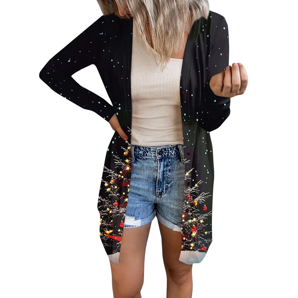 Women's Fashion Casual Long-sleeved Print Medium Length Cardigan Button Jacket Coat