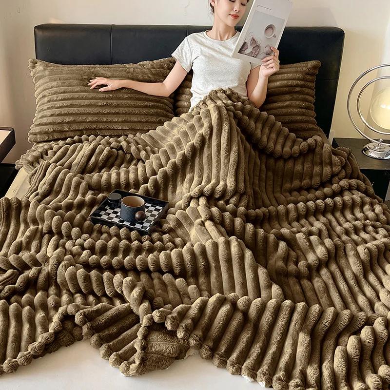 Modern Minimalist Drawstring Imitation Rabbit Fur Velvet Blanket Four Season Universal Thicken Nap Air Condition Blanket Fluffy