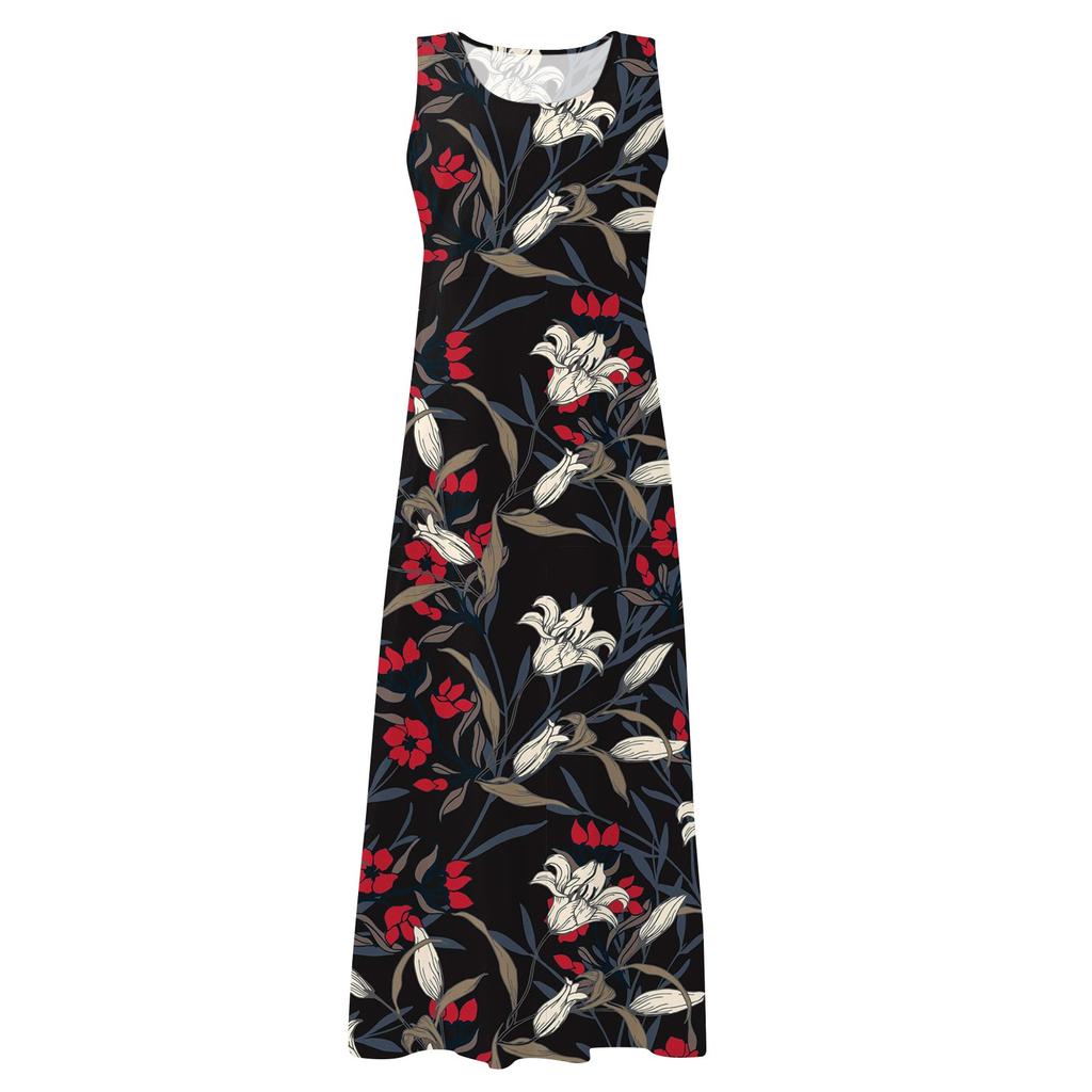 Женское повседневное удобное хлопковое карманное платье без рукавов с цветочным принтом