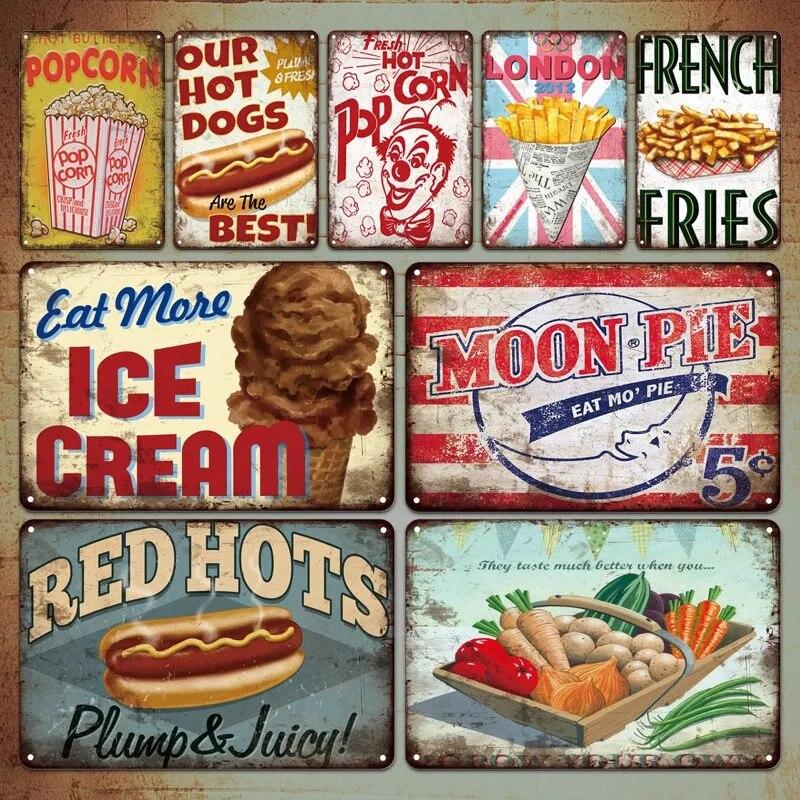 Hot Dogs Burgers Pizza Metal Signs Vintage Posters Kitchen Wall Decoration Tin Sign Bar Home Decor Metal Plaques Art Painting