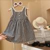 Girls Black White Plaid Dress Summer Holiday Casual Beach Sundress Kids Princess Lace Sleeveless Vest Dress for 2 To 8 Years Old