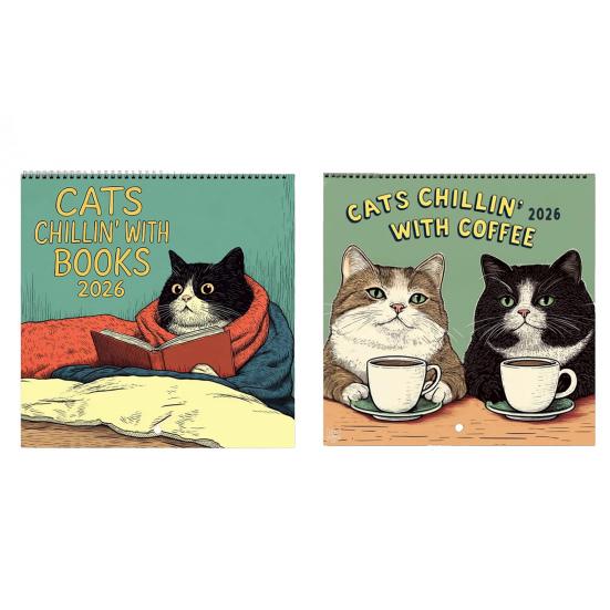 Cats Chillin' with Book 2026 Wall Calendar Funny Cat-Themed 12 Monthly Planner Spiral-Bound Wall Hanging Calendar for Cat Lovers Bookish Gift