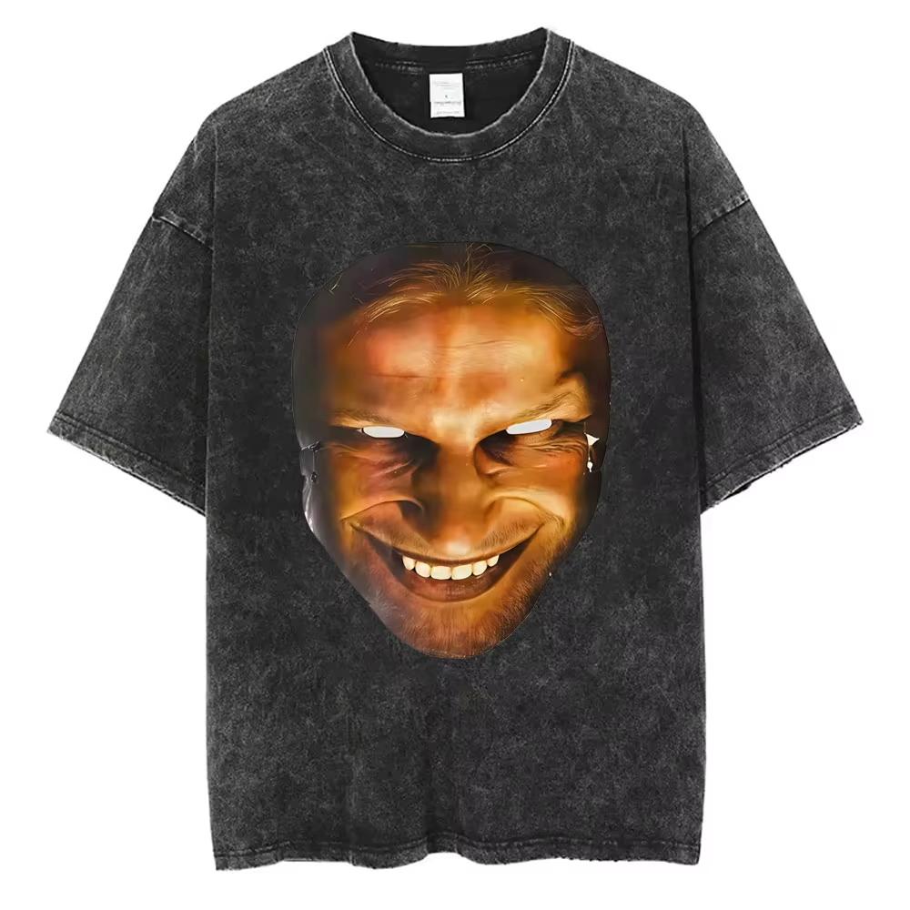 Aphex Twin Washed Винтажная Футболка Мужская Женская Модная Повседневная Оверсайз Футболка с Короткой Рукавой Мужская Хлопок Ретро Футболка