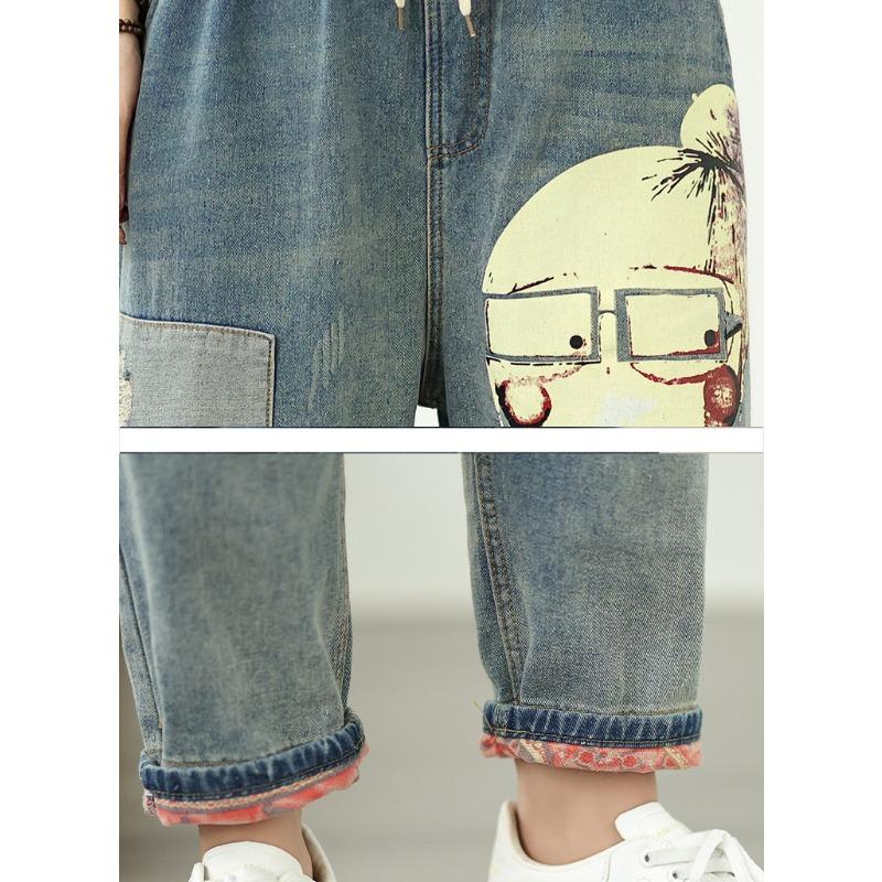 Dimanaf Большие размеры 2025 Женские брюки Летние свободные джинсы с высокой талией и принтом Шаровары с эластичной талией