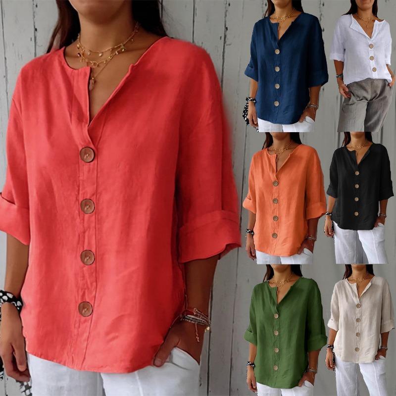 Summer Loose Fitting Women's V-neck Cotton Linen Button T-shirt Top for Women Shirt
