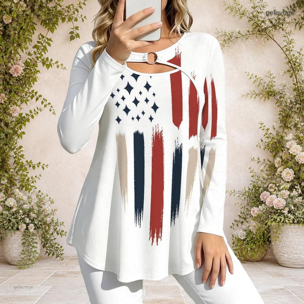 Womens Plus Size Long Sleeve Crew Neck Tee With Metal Ring Collar Accent