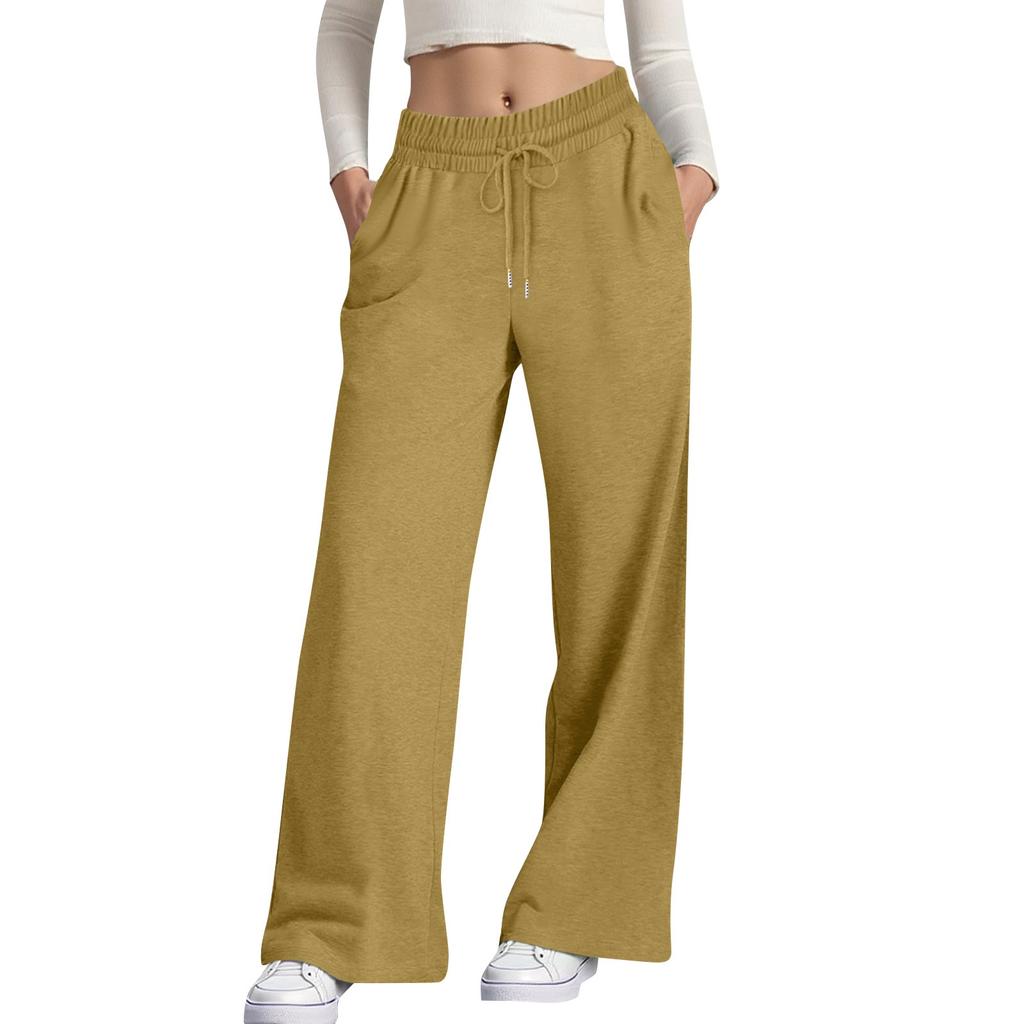 Women's Casual Fashion Solid Color Elastic Waist Drawstring Pockets Wide Leg Straight Pants