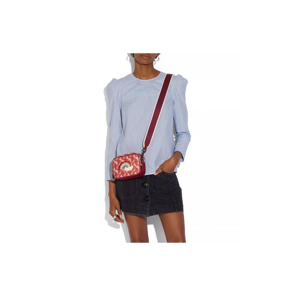 Coach Camera 16 Horse And Carriage Print Rainbow Pattern Canvas And Leather Camera Bag Women Shoulder Bag Red 79369-V5PES