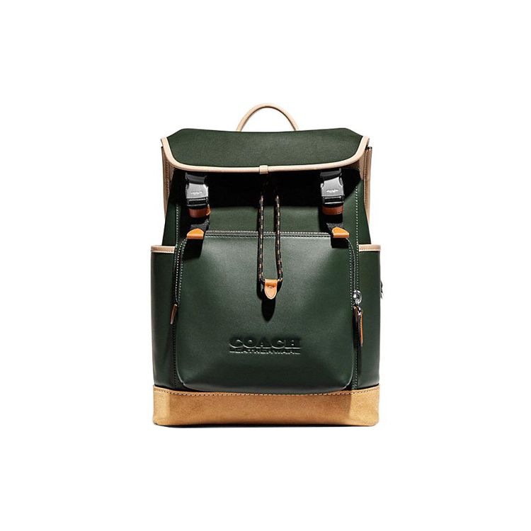 Coach League 28 Drawstring And Buckle Closure Color Block Leather And Fabric Backpack Women Backpack Green Beige CH761-VIA