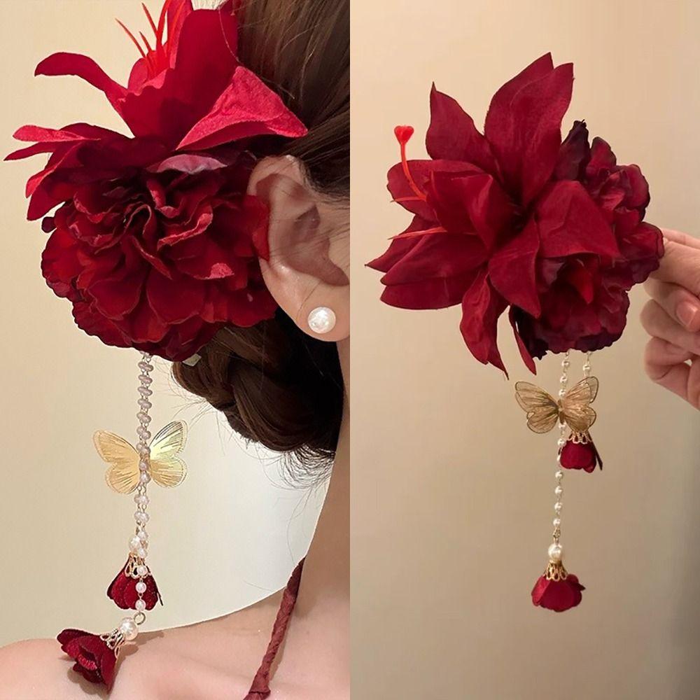 Elegant Design Flower Hairpin Pink Floral Headdress Tassel Hanfu Hair Accessories Party Wear