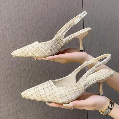 Женские туфли на каблуке с открытой пяткой Элегантные клетчатые жаккардовые туфли на каблуке Женские рабочие туфли Туфли-лодочки с острым носком Туфли-лодочки на шпильке Тонкие туфли-лодочки на среднем каблуке