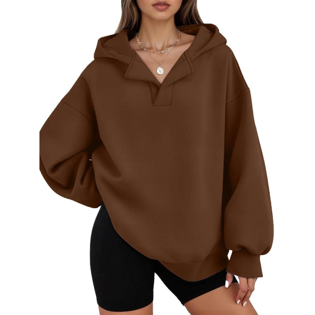 Women's Casual V-neck Pullover Long-sleeve Solid Color Fleece-lined Hooded Sweatshirt Top