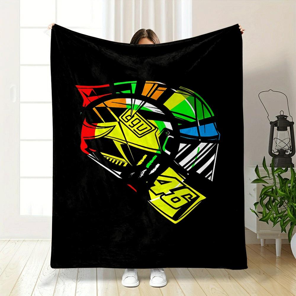 A colorful helmet design featuring bold geometric shapes and numbers. for all seasons blanket lunch break throw gift