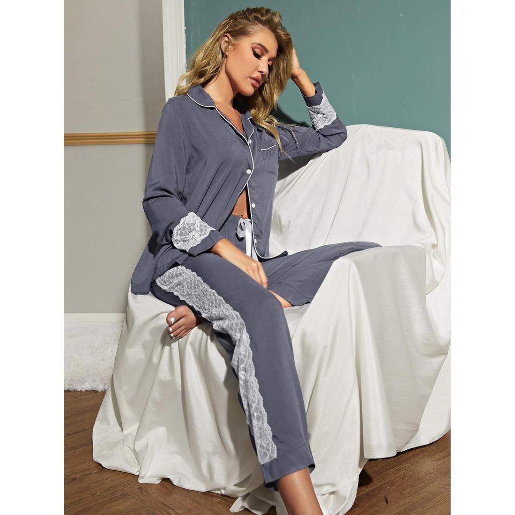 Women's Pajamas Autumn and Winter Long-sleeved Cardigan Lace Decoration Ladies Homewear Suit Nightwear
