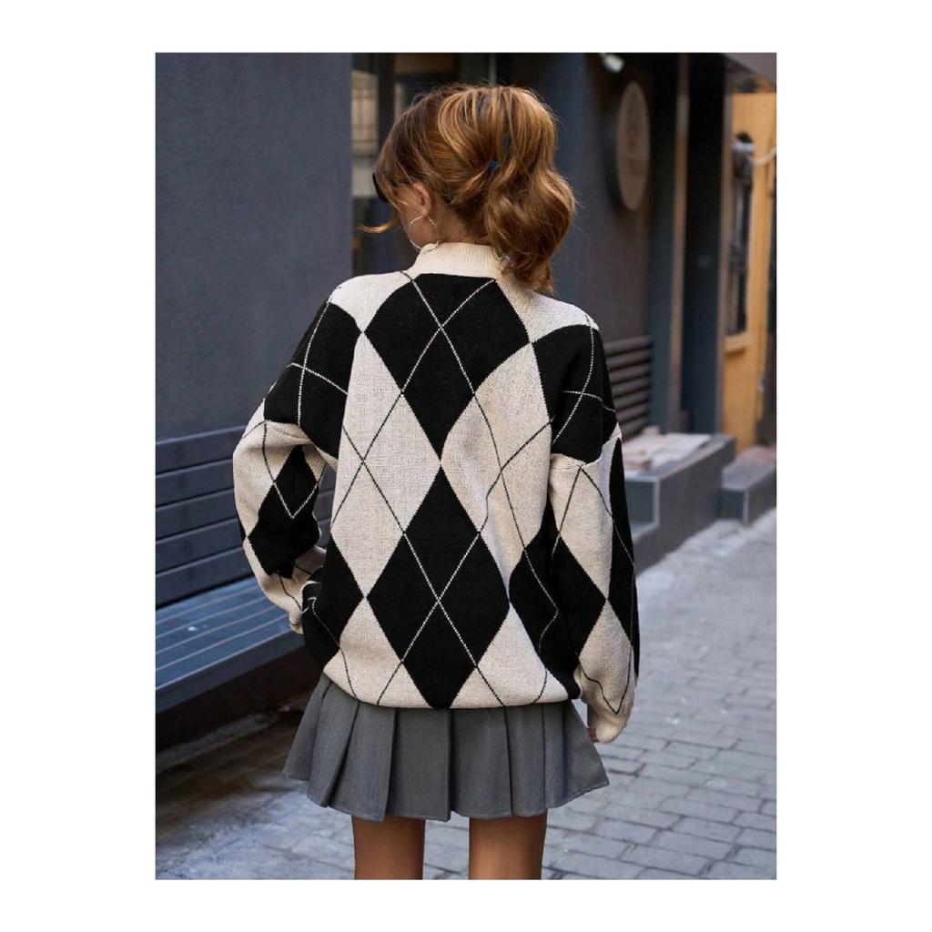Women's Diamond Patterned Black High Collar Knitwear Sweater