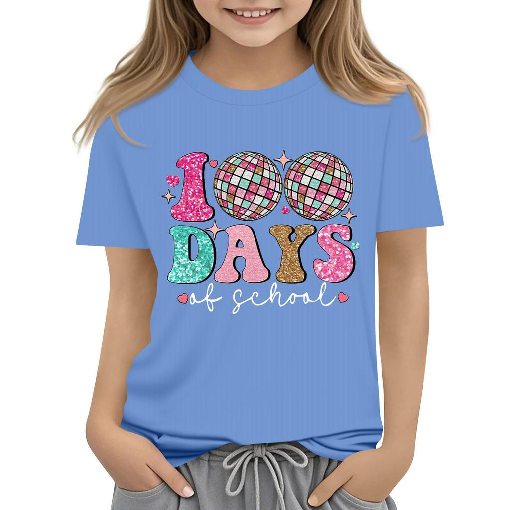 Happy 100th Day Of School Girls Boys Short Sleeve T Shirts Kids Tops Crewneck Tees