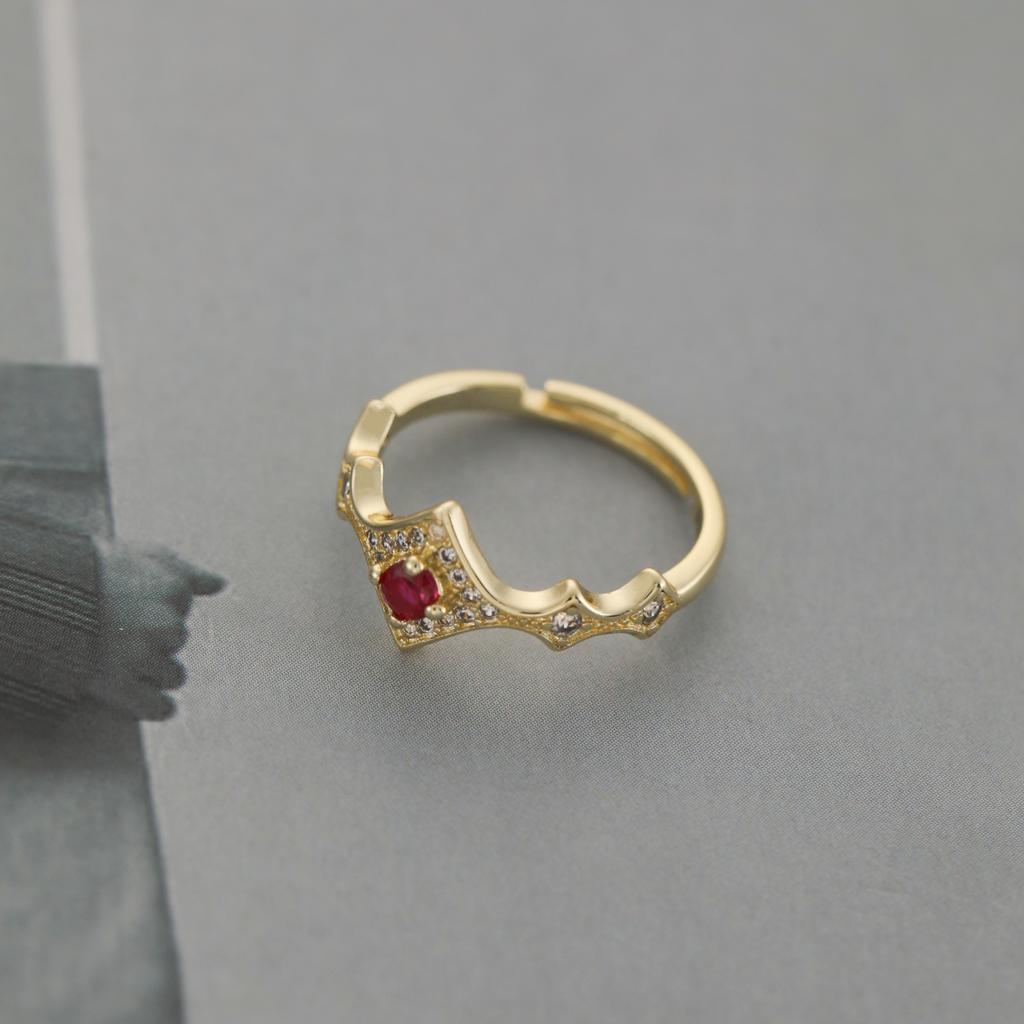 Bohemia 18K Gold Plated Open Brass Ring for Women Retro Sexy Red Cubic Zirconia Light Luxury Rhombus Dense Inlay Transparent CZ Daily Wear Jewelry