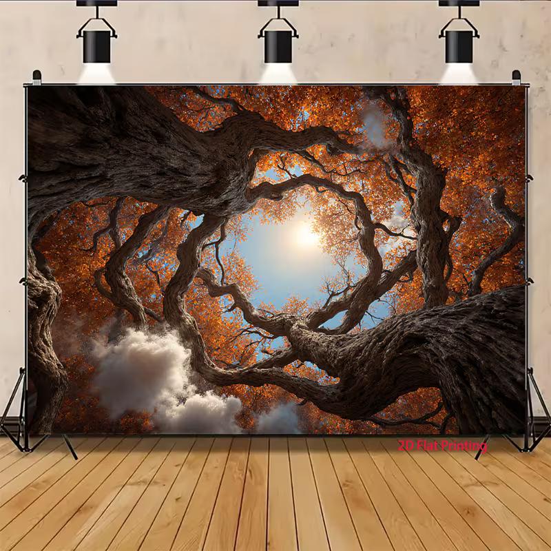 Двумерный Плоский Задник Осенний Лес Мистические Изогнутые Ветви Дуба Ткань для Фона