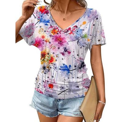 Женская модная футболка с V-образным вырезом, коротким рукавом и 3D-принтом, летние удобные спортивные топы