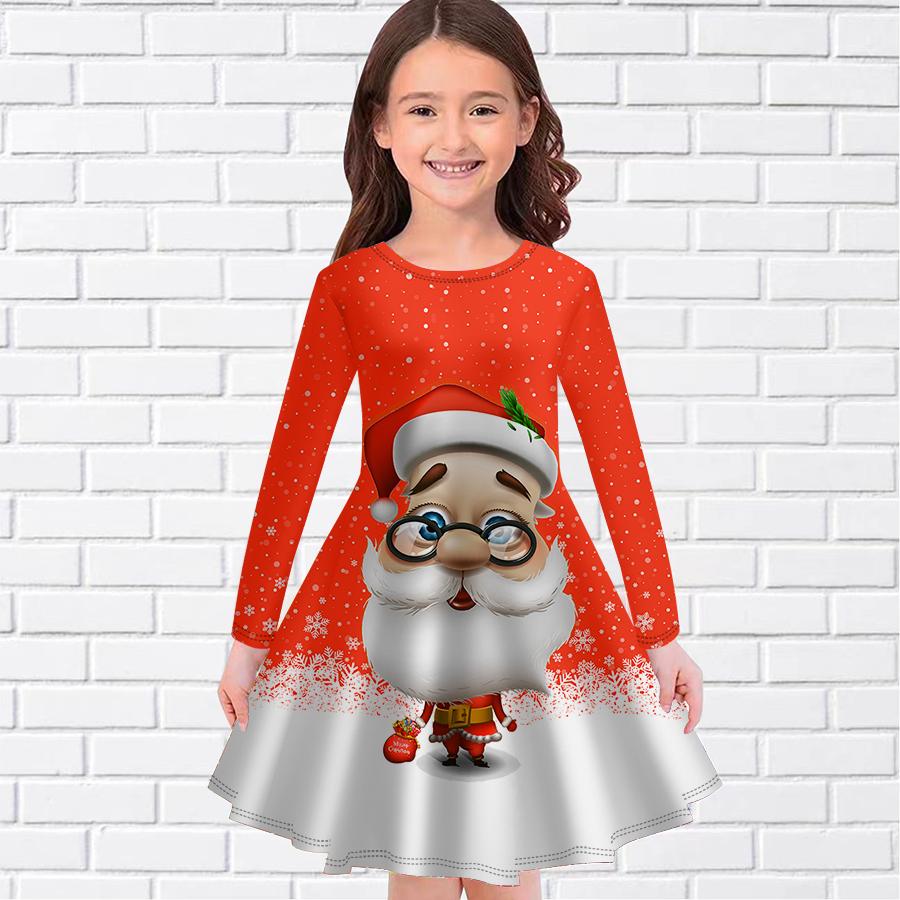 Повседневное платье для девочек с принтом Санта-Клауса и круглым вырезом, с длинными рукавами, детское платье принцессы