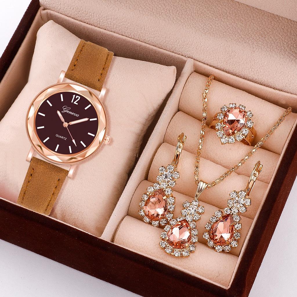 (Women's Watch + Necklace + Ring + Earrings) Women's Watch Set Luxury Leather Strap Quartz Watch