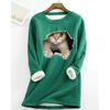Plus Size Thickened Velvet Warm Tops Women Winter Cat Print Casual Bottoming Fleece T Shirt O-Neck Sweatershirts