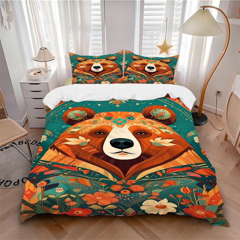 3pcs bedding set Floral Bear Includes 1 Comforter + 2 Pillowcases, Without Pillow Inserts, Soft Comfortable, Lightweight Breathable034