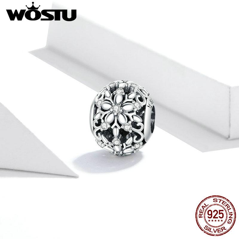 WOSTU Carved Snowflakes Pendant Charm Authentic 925 Sterling Silver Bead for 3MM Original Silver Bracelet Necklace Jewelry