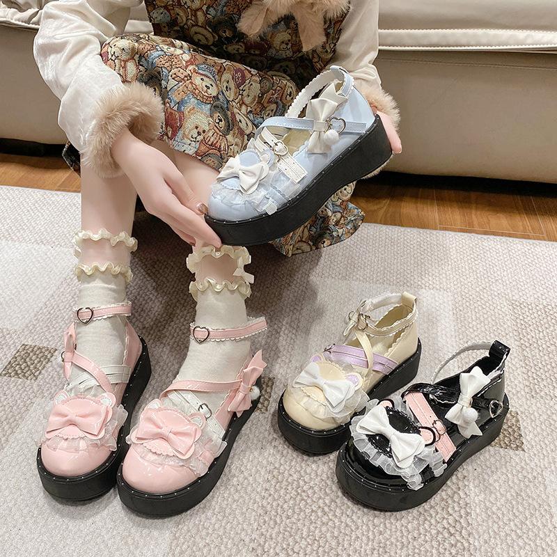 Small Leather Shoes Bow Cute Mary Jane Shoes 2025 New Loli Women Sweet Lace Edge Thick Heel Buckle Leather Shoes