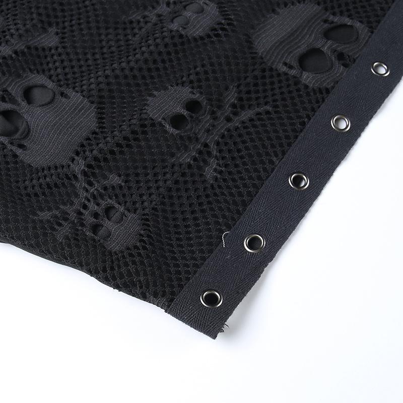 Готические сетчатые укороченные топы с черепом, черная кружевная майка, узкая футболка в стиле панк с перчатками