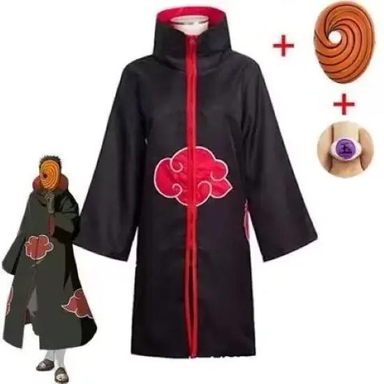 Naruto Akatsuki Tobi Cosplay Full Set: Obito Uchiha Costume with Coat, Mask, Shoes & Jade Ring – Perfect for Cosplay Events