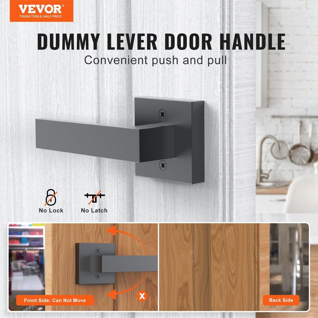 Dummy Door Lever, 2 PCS Non-Turning Single Side Push/Pull Handle, Contemporary Square Door Lever Set, Reversible for Right and Left Sided Doors,For