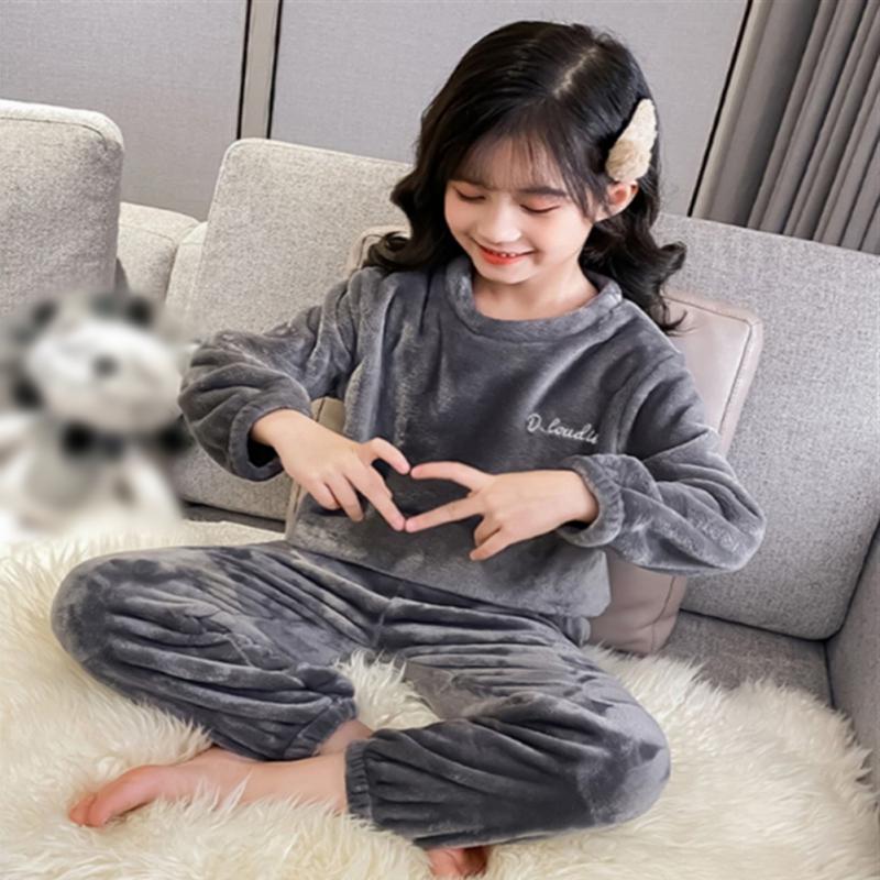 Детская домашняя одежда, детский пижамный комплект из двух частей, теплый домашний костюм цвета кораллового бархата
