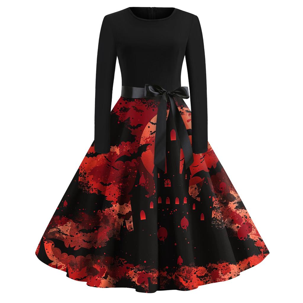 Платье-клеш с принтом на Хэллоуин для женщин с длинным рукавом, повседневные платья с круглым вырезом и ажурной отделкой